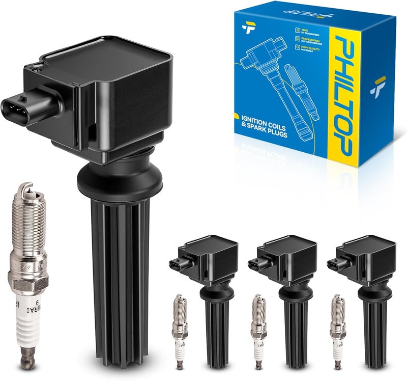 PHILTOP Set of 4 Ignition Coil Pack and Iridium Spark Plugs Fits for Ford,Lincoln,Land Rover,Jaguar,for Focus,Edge,Escape,Fusion,MKZ,Mustang,EcoSport,MKC,Explorer,Range Rover Evoque,Discovery Sport - Image 1